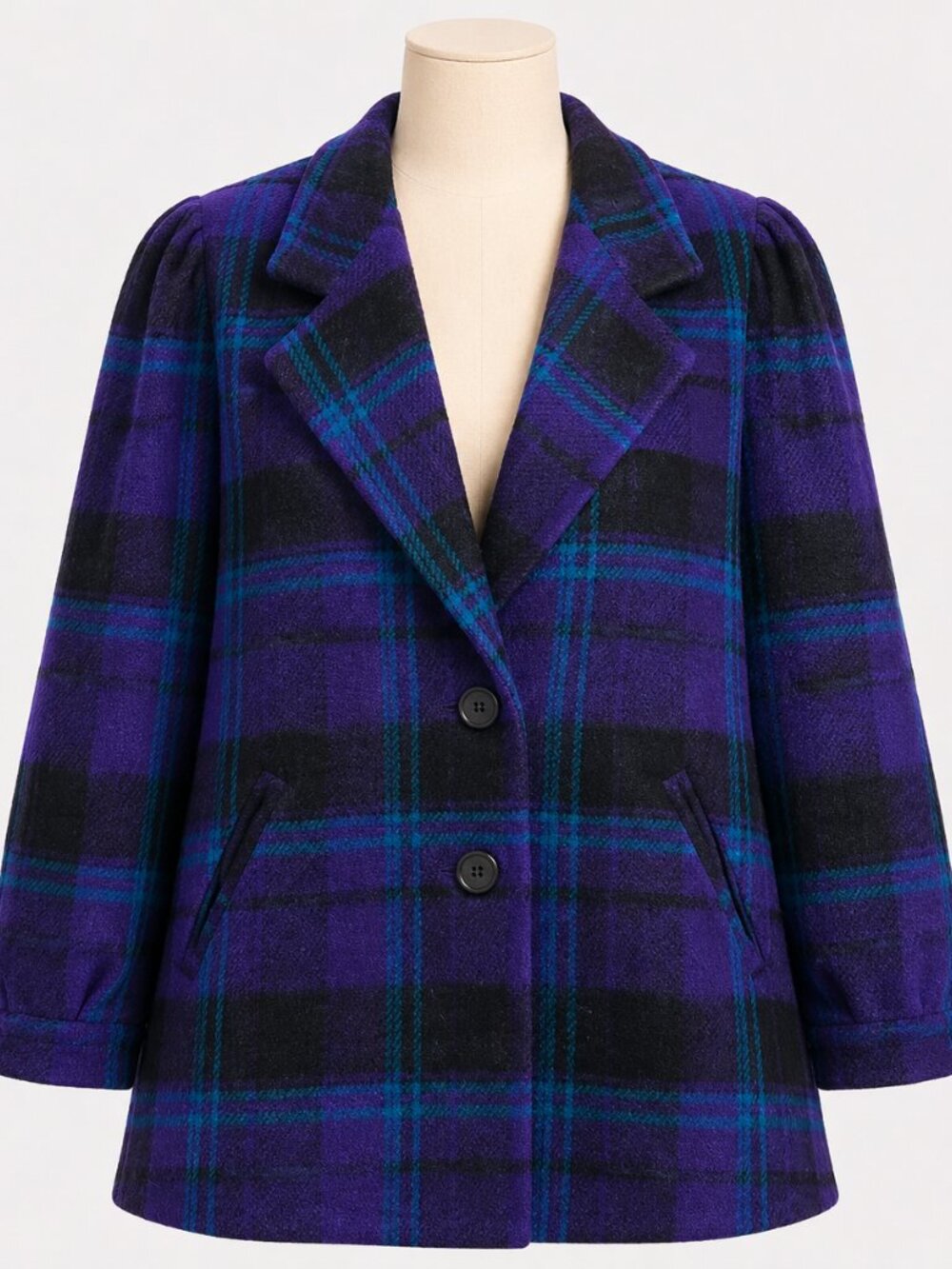 VNTG NY Girl Purple/Black Plaid, Shoulder Padded, Wool, Midi, Pea Coat- 16(XL)